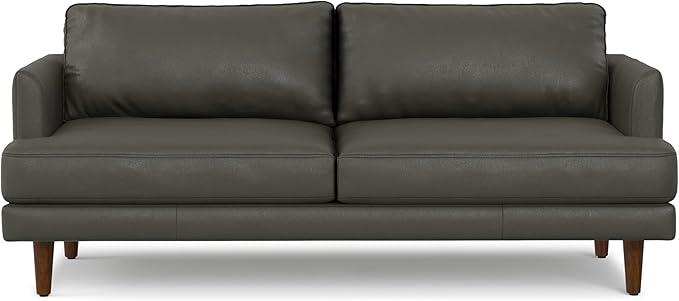 SIMPLIHOME Livingston 76-inch Wide Sofa in Coal Top Grain Genuine Leather, Handcrafted Mid-Century Modern Loveseat for Living Room, Compact 2-Seater with Feather-Wrapped Cushions and Solid Wood Frame