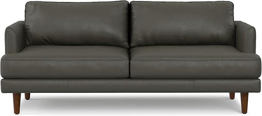 SIMPLIHOME Livingston 76-inch Wide Sofa in Coal Top Grain Genuine Leather, Handcrafted Mid-Century Modern Loveseat for Living Room, Compact 2-Seater with Feather-Wrapped Cushions and Solid Wood Frame