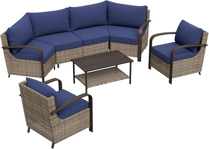 COOS BAY Aurora Terrace Half-Moon Outdoor Furniture Set, Rattan Conversation Set with Patio Chairs, Curved 4-Seat Sofa, Coffee Table, Seats 6, Beige/Blue