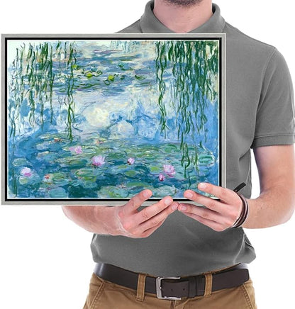 Wieco Art Framed Wall Art Canvas Print of Water Lilies by Claude Monet Paintings Reproduction Modern Canvas Wall Art for Home and office Decoration Abstract Artwork Silver Frame