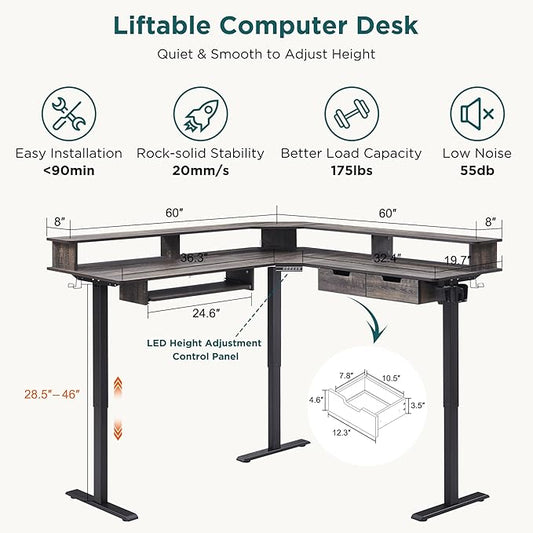 RedLemon 60 Inches L Shaped Electric Standing Desk,Height Adjustable Corner Gaming Desk with Drawers, Keyboard Tray, Power Outlets & LED Lights, Computer Desk with Monitor Shelf, Dark Rustic Oak