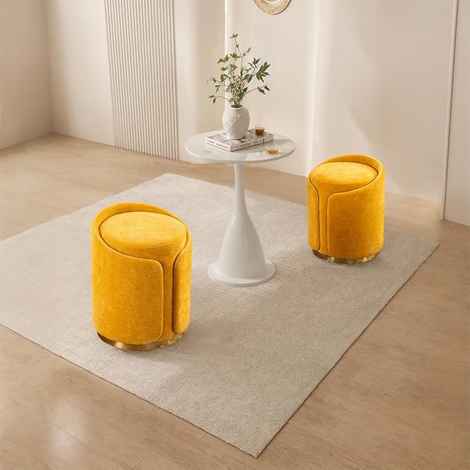 Swivel Vanity Stool with Gold Base Comfy Vanity Chair Modern Round Stool for Makeup Vanity Ottoman Foot Rest for Bedroom livingroom (Yellow)