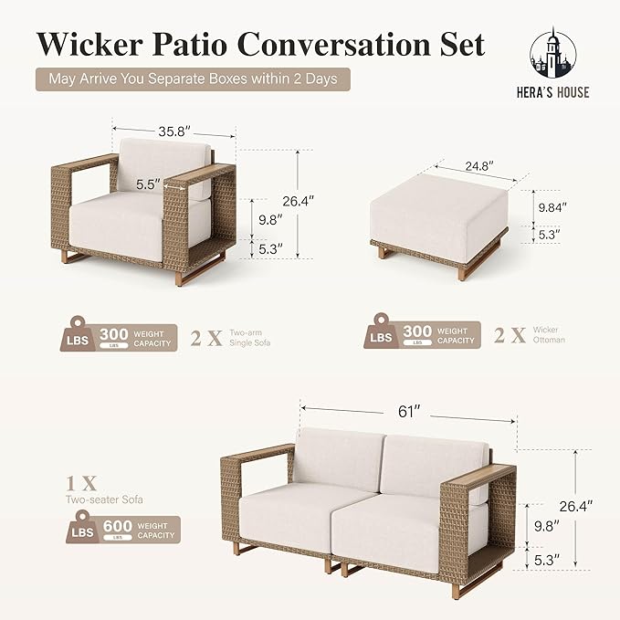 HERA'S HOUSE 6 Pieces Patio Furniture Set, 4 Sectional Outdoor Rattan Wicker Sofas with 2 Ottomans, All Weather Patio Conversation Set with 5.3" Widened Armrest, 10" Ultra Thick Cushion for Deck