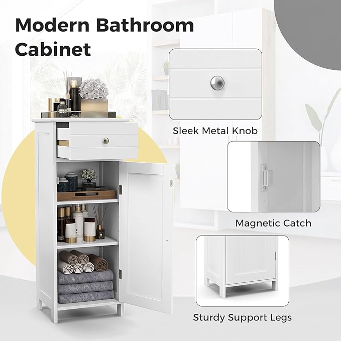 LOKO Bathroom Floor Cabinet, Freestanding Single Door Storage Cabinet with Drawer & Adjustable Shelves, Corner Narrow Storage Organizer for Living Room, Entryway (White)