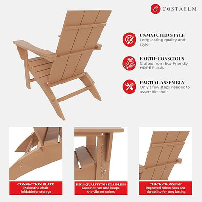Costaelm Folding Adirondack Chairs, Outdoor Patio Adjustable Lawn Chairs, Weather Resistant Outside Firepit Chairs for Porch, Poolside, Garden, Backyard Deck, Teak