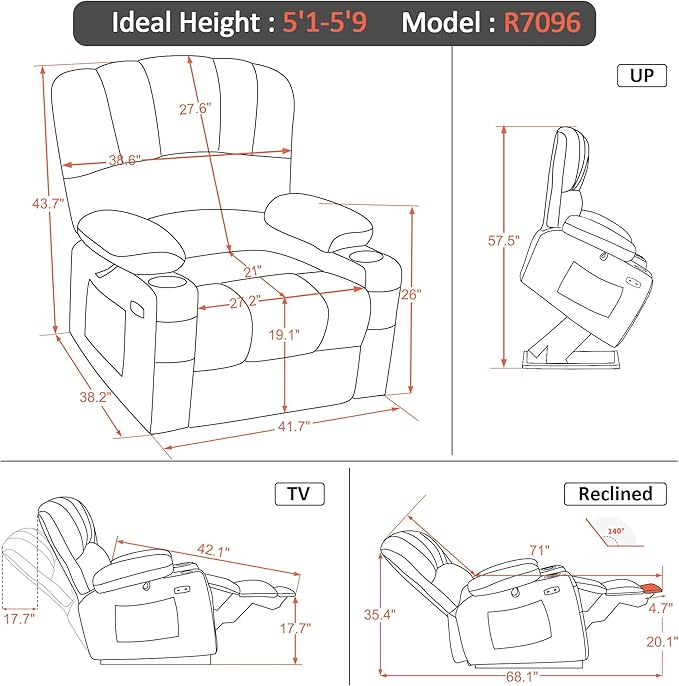 MCombo Power Lift Recliner Chair for Elderly, Lift Chair with Heat and Massage, Extra Wide Lift Recliner for Big People, Faux Leather R7096 (Medium-Wide, Cream White)