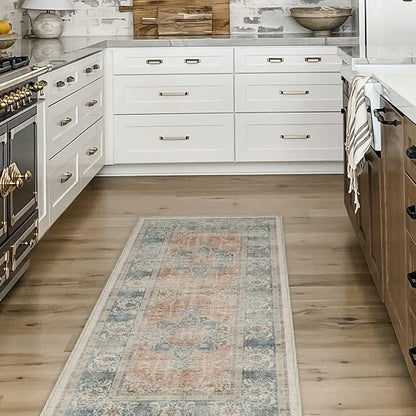 RUGGABLE Washable Vintage Area Rug – Sarrah Coral 2x3, Stain-Resistant, Non-Slip – Small Machine Washable Rugs for Living Room, Bedroom, Hallway, Entryway & Bathroom–with Standard Pad