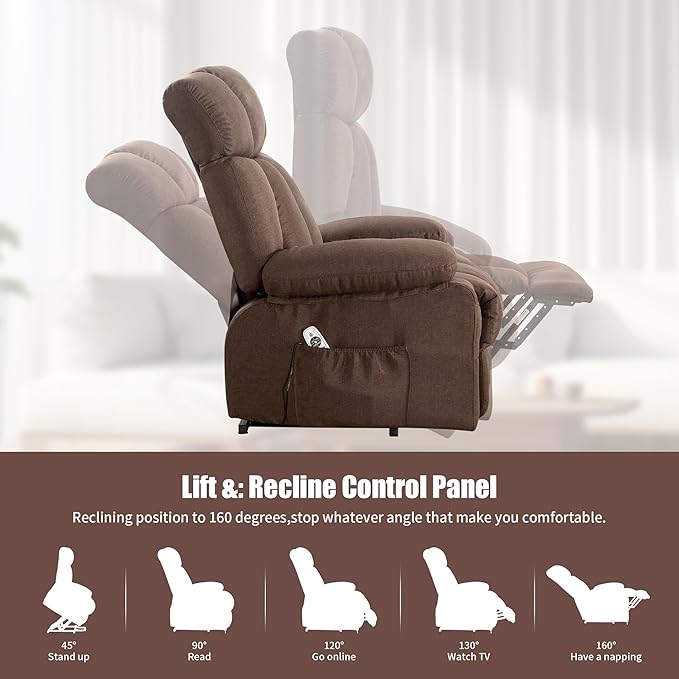 Oversized Power Lift Recliner Chair for Elderly, Big and Tall Lift Chair with Massage and Heat for Living Room, Fabric Electric Recliner Chairs with 4 Side Pockets, USB Charge Port,Brown