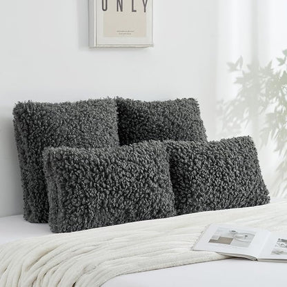 FUTEI Dark Grey Decorative Throw Pillow Covers 18x18 Inch Set of 2,Soft Fluffy Faux Wool Fur Boucle Textured Cushion Case,Modern Home Decor for Couch Bed Living Room Office