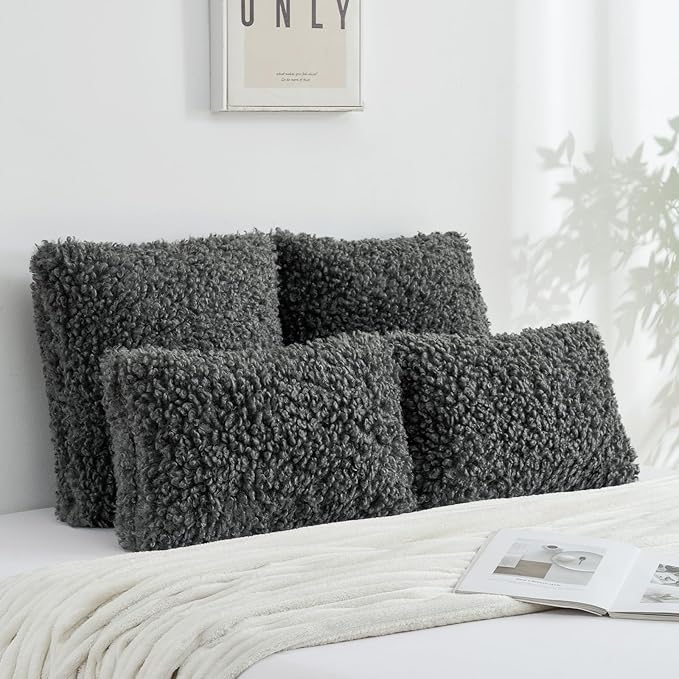 FUTEI Dark Grey Decorative Throw Pillow Covers 12x20 Inch Set of 2,Soft Fluffy Faux Wool Fur Boucle Textured Lumbar Pillow Case,Modern Home Decor for Couch Bed Living Room Office