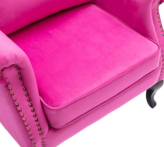 Mid Century Modern Accent Chair Upholstered Armchair Comfy Velvet Fabric Single Sofa with Tufted Wingback for Small Spaces Bedroom Living Room, Hot Pink