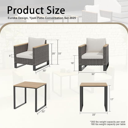 Ypati 3-Piece Handwoven Rattan Patio Conversation Set, Aluminum Frame with All Weather Coating, for Porch, Balcony, Garden, 2 Comfortable Chairs with Coffee Table, Black & White, Designed by Eureka