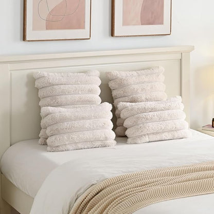 FUTEI Beige Decorative Throw Pillow Covers 18x18 Inch Set of 2, Square Soft Faux Rabbit Fur Thick Striped Cushion Cover,Winter Home Decor for Couch Bed Living Room
