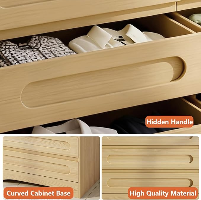 Tall Dressers for Bedroom, 6 Drawers Dresser & Chest of Drawers with Pre-Installed Slides&Curved Profile Design, Modern Closet Storage Wood Dressers Organizer for Living Room Hallway, Oak