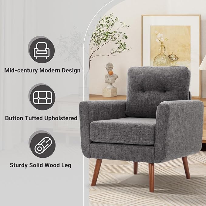 Tbfit Linen Fabric Accent Chairs Set of 2, Mid Century Modern Armchair for Living Room, Bedroom Button Tufted Upholstered Comfy Reading Accent Chair Sofa(Grey)