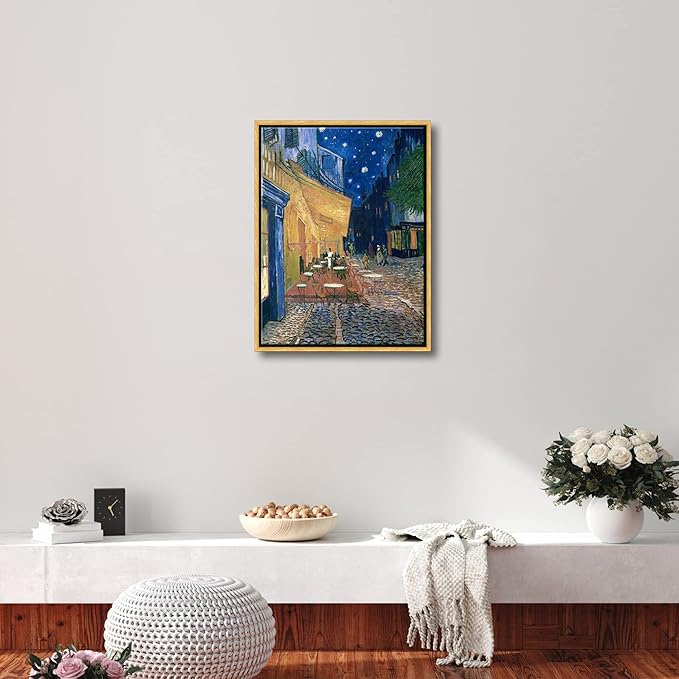 Wieco Art Framed Wall Art of Cafe Terrace at Night by Vincent Van Gogh Paintings Reproduction Abstract Canvas Prints for Home Living Room Decorations Bronze Gold Frame