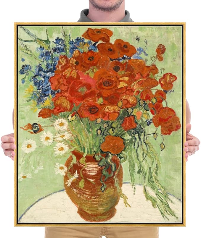 Wieco Art Framed Wall Art of Red Poppies and Daisies by Vincent Van Gogh Paintings Reproduction Abstract Canvas Prints for Home Living Room Decorations Bronze Gold Frame
