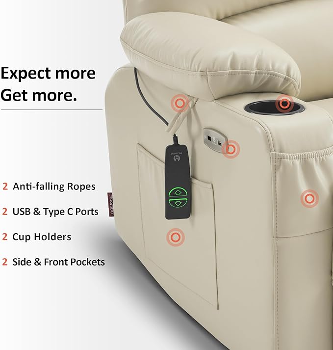 MCombo Oversized Power Lift Recliner Chair for Elderly, Lift Chair with Heat and Massage, Lift Recliner for Big and Tall, Cup Holders, USB &Type C Ports, Faux Leather R7092 (Cream White, Oversize)