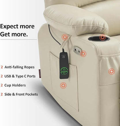 MCombo Oversized Power Lift Recliner Chair for Elderly, Lift Chair with Heat and Massage, Lift Recliner for Big and Tall, Cup Holders, USB &Type C Ports, Faux Leather R7092 (Cream White, Oversize)