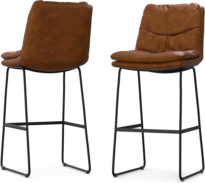 SIMPLIHOME Danika Bar Stools (Set of 2) - 29 inch Seat Height Upholstered Metal Chairs in Camel Brown Vegan Faux Leather, Mid Century Seating for Kitchen or Bar with Tufted Pillow-Top Seat