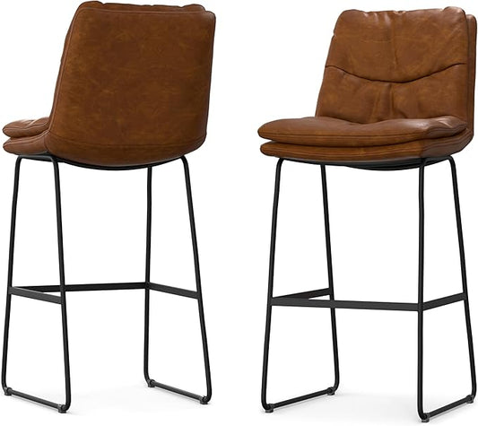 SIMPLIHOME Danika Bar Stools (Set of 2) - 29 inch Seat Height Upholstered Metal Chairs in Camel Brown Vegan Faux Leather, Mid Century Seating for Kitchen or Bar with Tufted Pillow-Top Seat