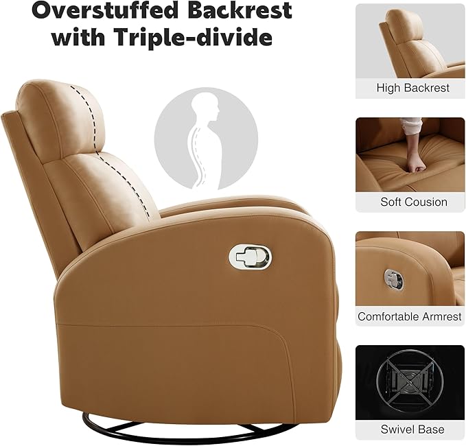 Swivel Rocker Recliner Chair, Manual Leather Recliner, Glider Rocking Recliner Chair 360°Swivel Nursery Reclining Chair for Living Room, Light Brown