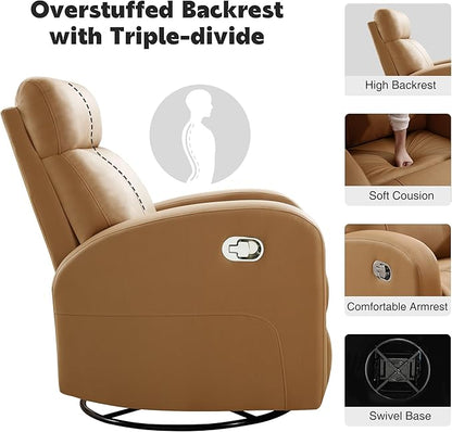 Swivel Rocker Recliner Chair, Manual Leather Recliner, Glider Rocking Recliner Chair 360°Swivel Nursery Reclining Chair for Living Room, Light Brown