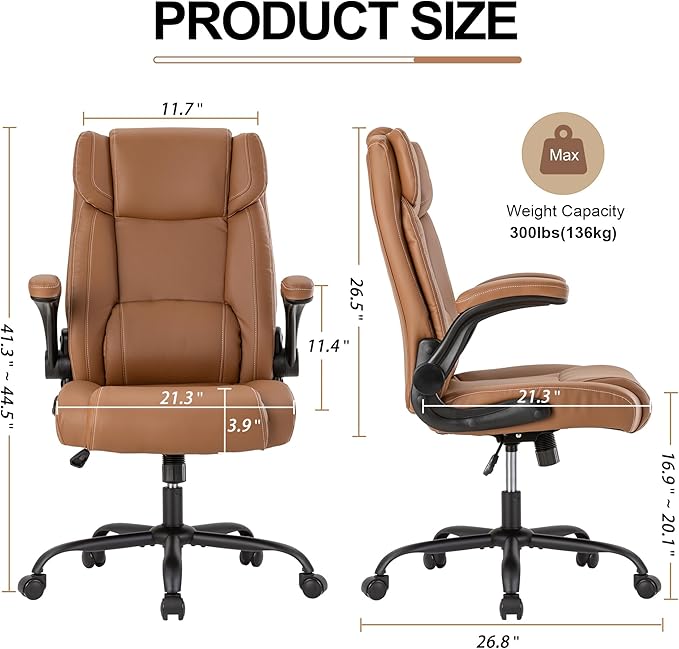 Office Desk Chair,Ergonomic Conference Room Chairs,Mid Back Executive Leather Chair,Comfy Computer Desk Chairs with Adjustable Flip-Up Arms and Rocking Function (Brown)