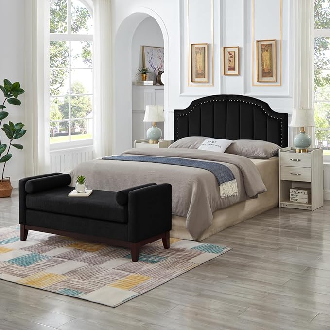 24KF Velvet Fabric Upholstered Queen/Full Headboard with Nail Trims,Modern Vertical Channel Design with Curved Headboard, 6052-Q-Black