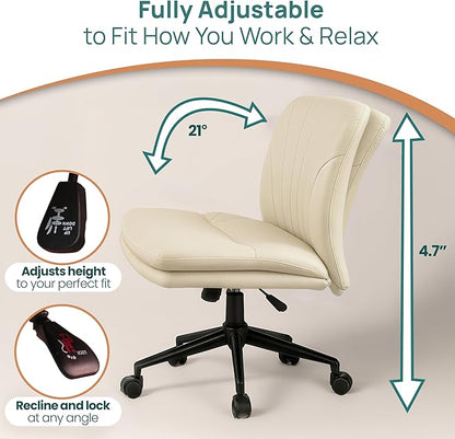 NYPOT Armless Desk Chair with Wheels for Criss Cross Sitting - Cross Legged Wide Armless Chair - Adjustable Vanity 360° Swivel Stool and 120° Rocking Wide Seat Comfy for Home and Office, Color Ivory