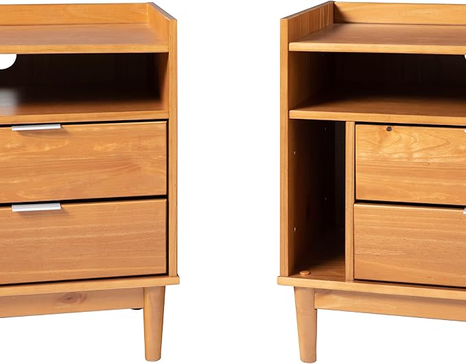 Walker Edison Blythe Mid-Century Modern Tray-Top Storage Nightstands Set of 2 Caramel