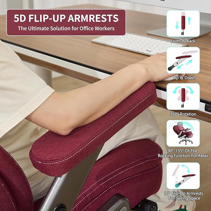 Big and Tall Office Chair, 600lbs Heavy Duty Desk Chair with 5D Arms, Adjustable Lumbar Support & Height, Tilt Function, Fabric High Back Ergonomic Executive Computer Chair with 3'' Casters