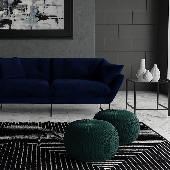 SIMPLIHOME Grafton Transitional Round Pouf in Teal Velvet Fabric for the Living Room, Bedroom and Kids Room