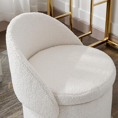 LukeAlon Sherpa Makeup Ottoman with Storage, Upholstered 360° Swivel Vanity Stool with Foldable Backrest Modern Cylindrical Footrest Stool for Living Room Bedroom, White