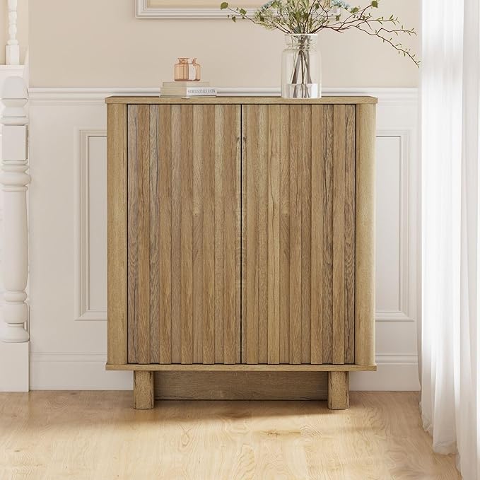 LukeAlon Fluted Sideboard Cabinet with Storage, Farmhouse Boho Accent Buffet Cabinet, 31.5" Height Wooden Small Credenza Cabinets for Living Room Dining Room Entryway Hallway, Natural Wood Color