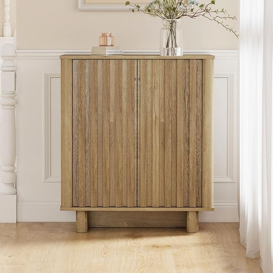 LukeAlon Fluted Sideboard Cabinet with Storage, Farmhouse Boho Accent Buffet Cabinet, 31.5" Height Wooden Small Credenza Cabinets for Living Room Dining Room Entryway Hallway, Natural Wood Color