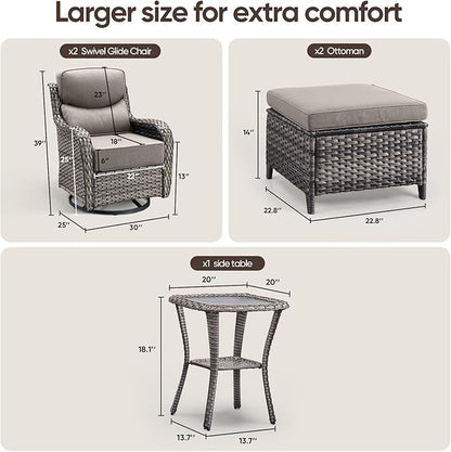 Swivel Patio Chairs Sofa Set of 5 with 6" Thick Cushion - Wicker Outdoor Swivel Rocker Patio Chair with Side Table, High Back Comfortable Outdoor Glider Chairs - Grey Wicker - Grey Cushions