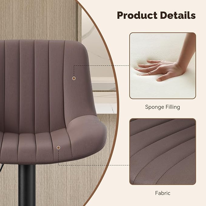 Nalupatio Bar Stools Set of 2, Adjustable Modern Swivel Bar Stools with Backs, Counter Height Performance Fabric Island Chairs for Home Kitchen, Dark Brown