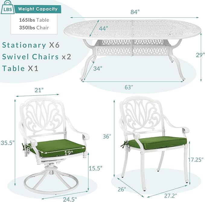 MEETWARM 9-Piece Outdoor Patio Dining Set, All-Weather Cast Aluminum Patio Conversation Set with 1 Oval Table, 2 Swivel Rocker Chairs, 6 Stationary, 8 Cushions, 2" Umbrella Hole, White