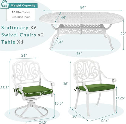 MEETWARM 9-Piece Outdoor Patio Dining Set, All-Weather Cast Aluminum Patio Conversation Set with 1 Oval Table, 2 Swivel Rocker Chairs, 6 Stationary, 8 Cushions, 2" Umbrella Hole, White