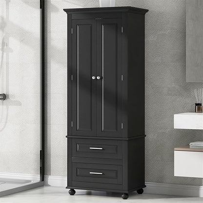 Polibi Tall Storage Cabinet with 2 Drawers, 3-Tier Adjustable Shelves & 2 Doors, Floor Freestanding Cabinet for Bathroom, Living Room, Black