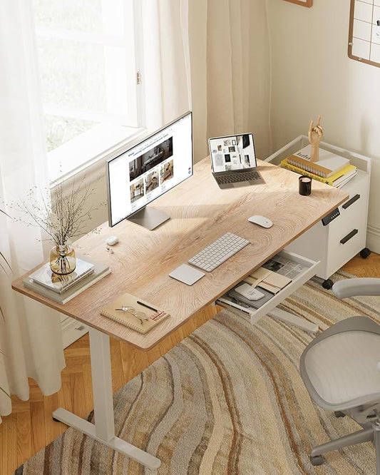 FEZIBO Electric Standing Desk with Drawers, 55 x 28 Inch Height Adjustable Desk with 3 Memory Presets, Sit Stand Up Desks for Home Office, Natural