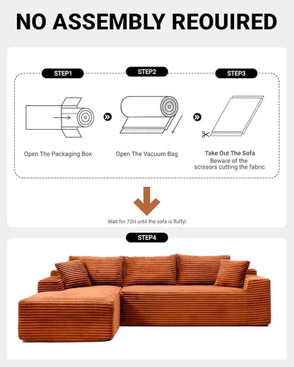 108" Cloud Sectional Couch,Modern Modular Sectional Sofa with Deep Seat,Corduroy Boneless Couches with L-Shape Chaise for Living Room,No Assembly Required (Orange, Left Facing Chaise)
