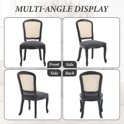Wicker Dining Chairs Set of 4, Upholstered Linen Fabric Dining Room Chairs with Square High Rattan Back Farmhouse French Kitchen Chairs for Dining Table/Living Room/Restaurant, Black