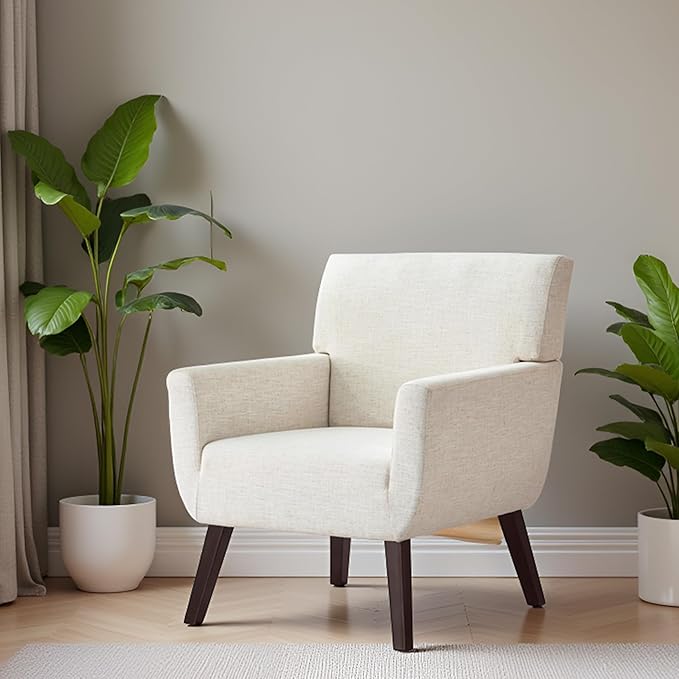 Upholstered Accent Chair,Mid Century Modern Linen Fabric Small Living Room Chair with Arm,Comfy Wingback Armchair for Bedroom Reading Beige