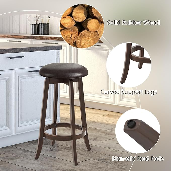 COSTWAY 29-Inch Swivel Bar Stools Set of 4, Upholstered Barstools w/PU Leather Seat & Solid Rubber Wood Legs, Mid-Century Backless Round Bar Height Stools w/Footrest for Kitchen Home Bar