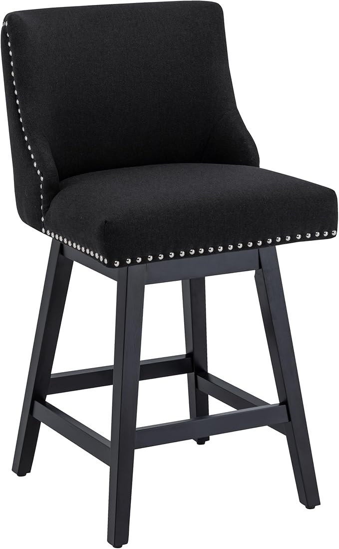 Bar Stool, 26 Inch Upholstered Barstools with 13.8" High Back and Footrest, Swivel Counter Height Barstools for Kitchen Island Home Bar Performance Fabric Black