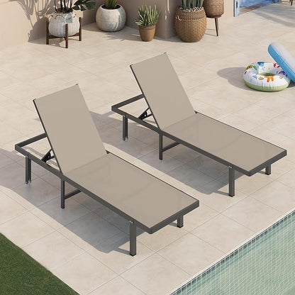 Pool Lounge Chairs Set of 2，Outdoor Lounge Chairs with Wheels and 5-Position Recliner -Easy to Move- Aluminum Patio Lounge Chair for Poolside, Deck (Khaki)