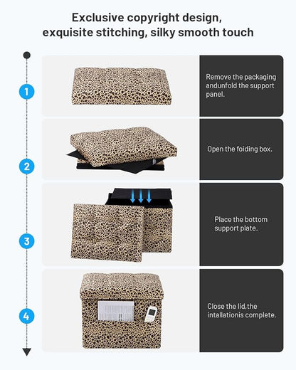 Storage Ottoman Foot Rest Stool, Small Velvet Storage Ottomans Bench, Folding Footstool with Side Pockets, Foot Rest Under Desk for Living Room Bedroom, 17x13x13 in, Leopard Print