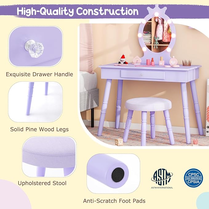 Costzon Kids Vanity, Girls Vanity Set with Mirror and Stool and Lights, Drawer, 2 in 1 Wooden Makeup Vanity Desk Dressing Table, Kids Vanity Table and Chair Set (Violet)